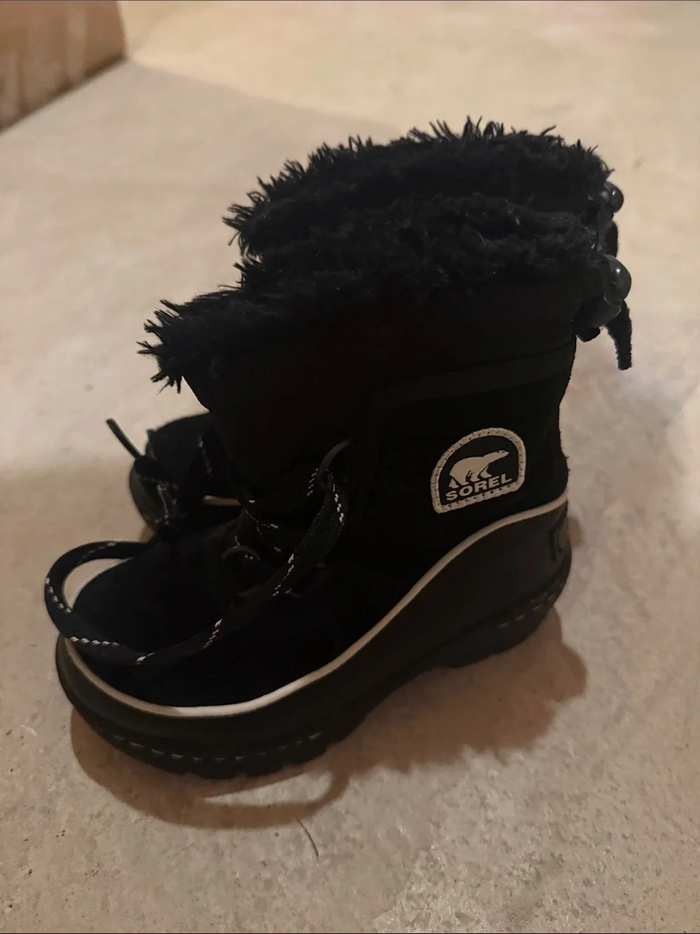 Sorel Black Kids' Winter Lace-Up Boots with Faux-Fur Cuff